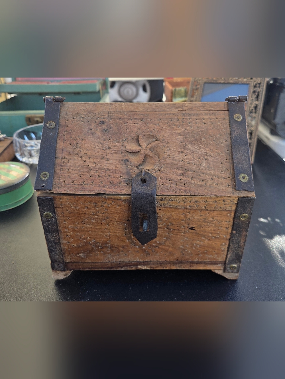Carved Wooden Trunk with Iron Latch - Rustic Brown